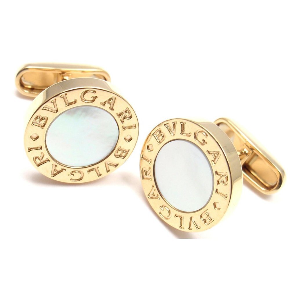 Authentic! Bvlgari Bulgari 18k Yellow Gold Mother Of Pearl Cufflinks​
